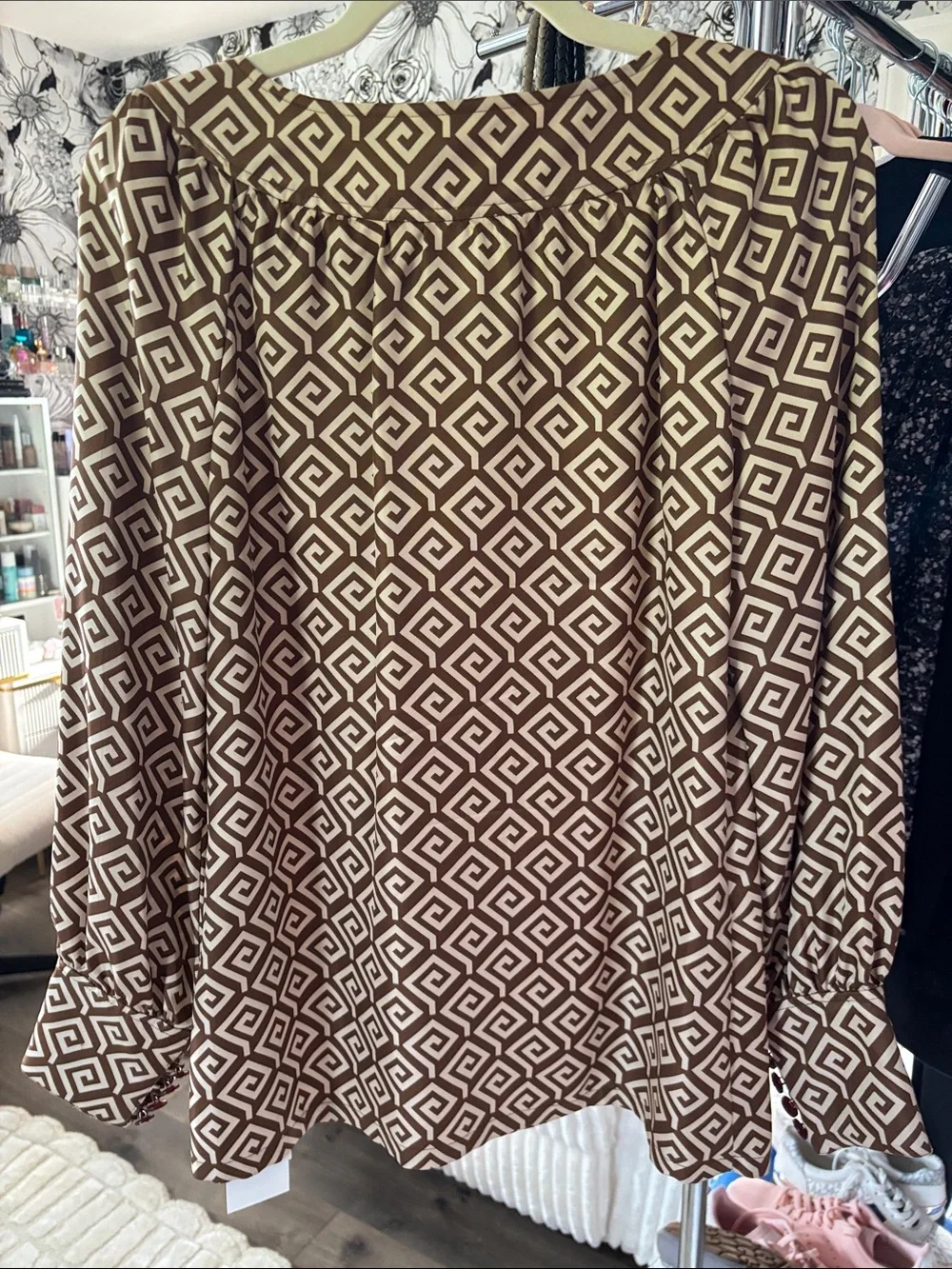 Tory Burch Silk Brown & Cream Geometric Long-Sleeve Blouse